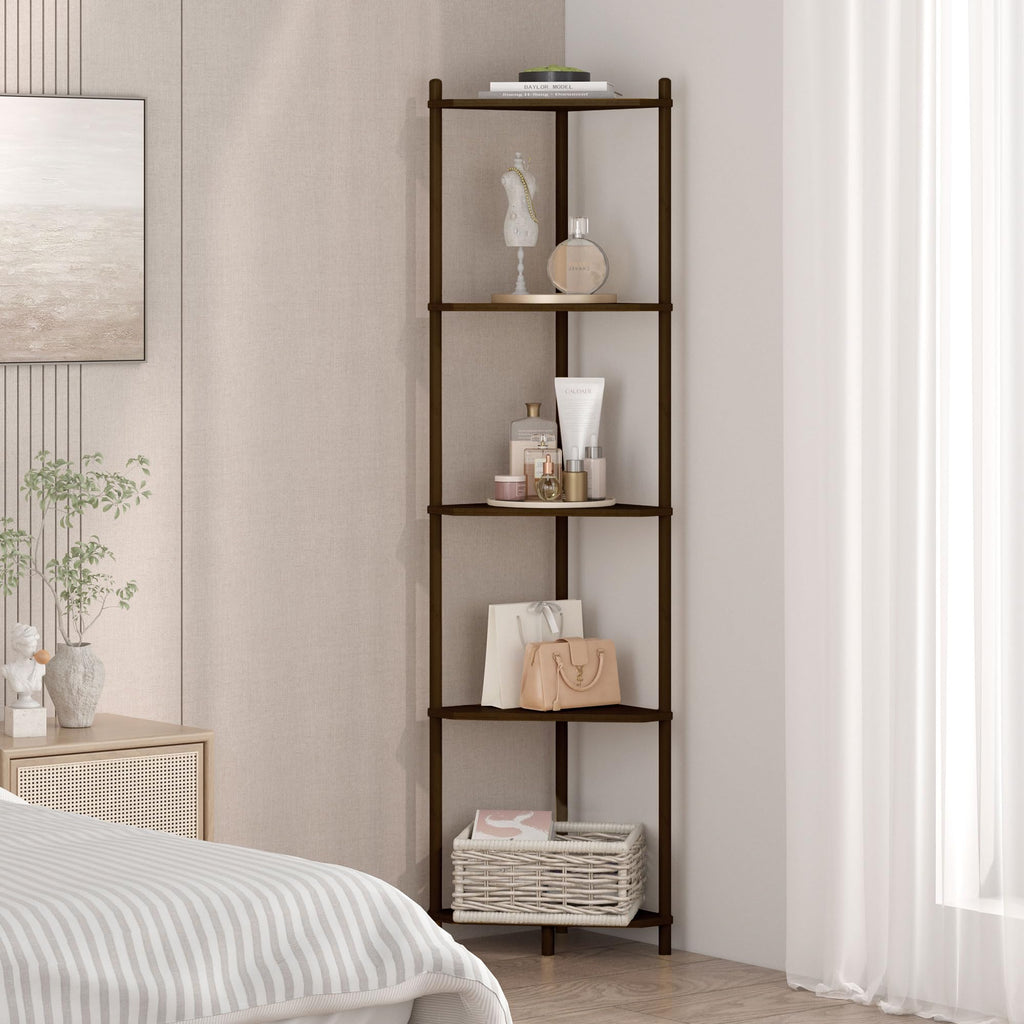Brown Tall Corner Shelf Stand, 5-Tier Bamboo Corner Bookshelf