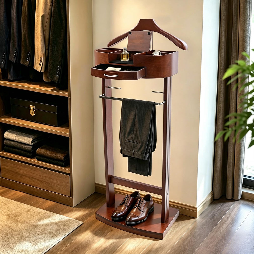 Wooden Suit Valet Stand, Freestanding with Drawer & Storage Tray, Brown