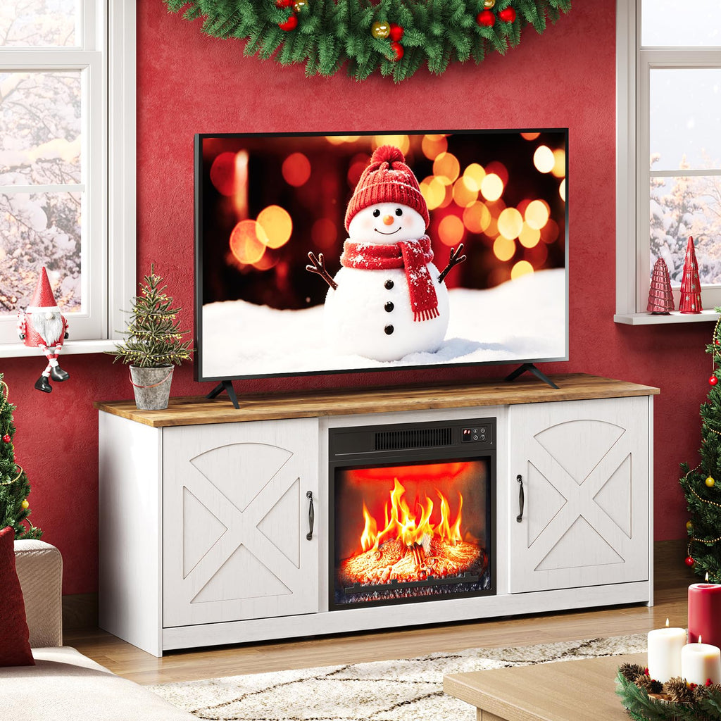 TV Stand with Fireplace and Barn Door for TVs up to 65", White