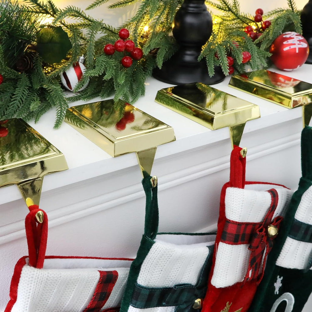4-Pack Christmas Stocking Holders for Mantel, Weighted Metal Hooks, Gold