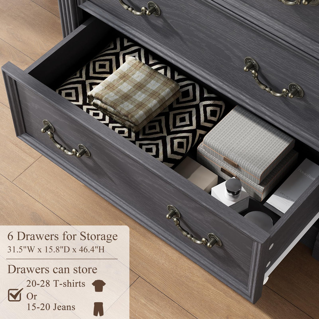 Grey 6 Drawer, 47" Tall, Wood Rustic Chest of Drawers with Chic Wood Pilasters, Dressers Organizer