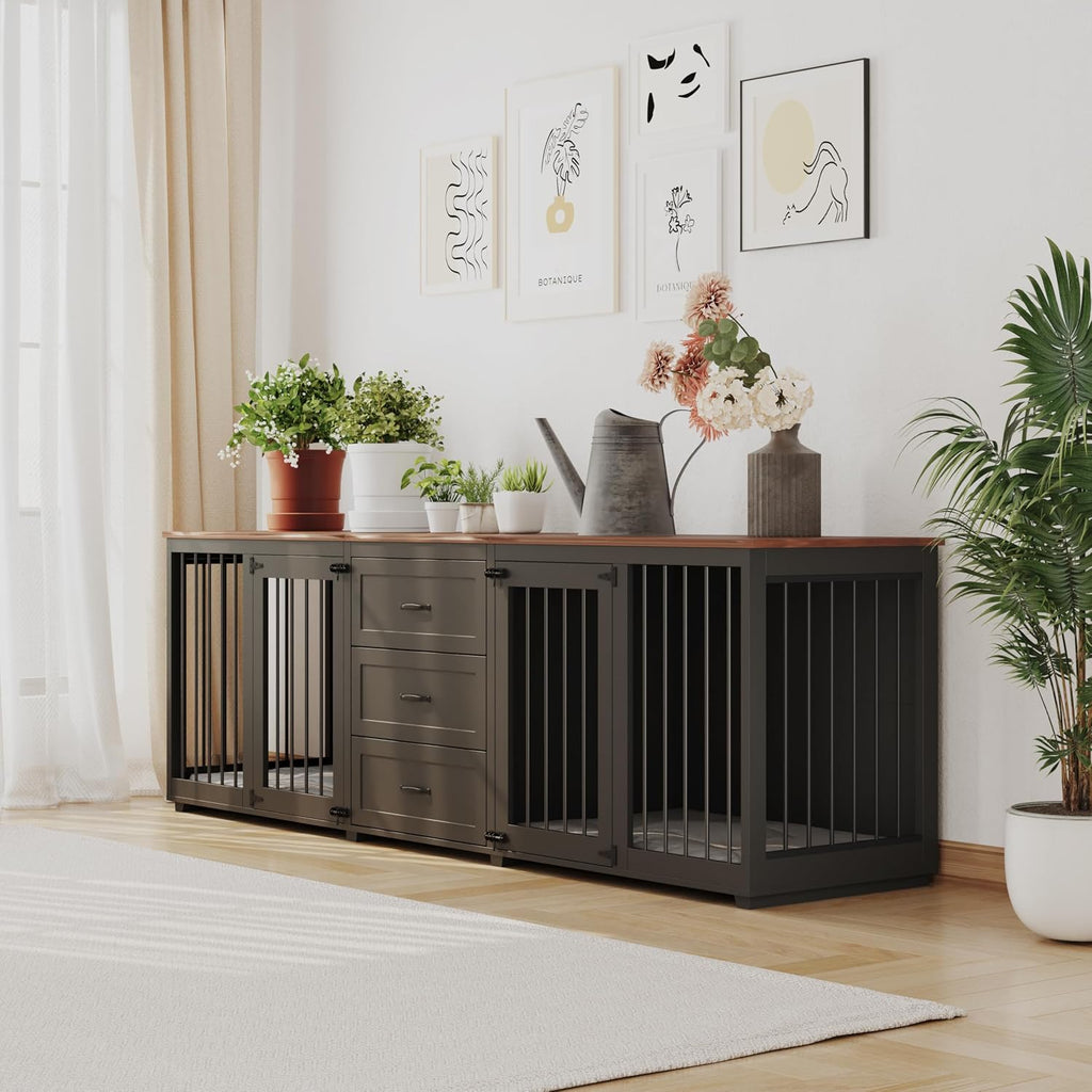 Dog Crate Furniture, Indoor Wooden Farmhouse Dog Kennel Furniture with 3 Drawers & 2 Lockable Doors