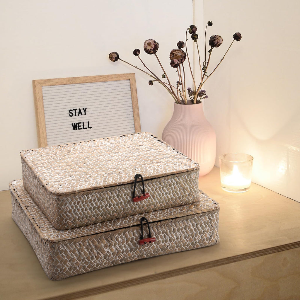 Whitewash Seagrass Basket with Lid for Storage Set of 2 Rectangular