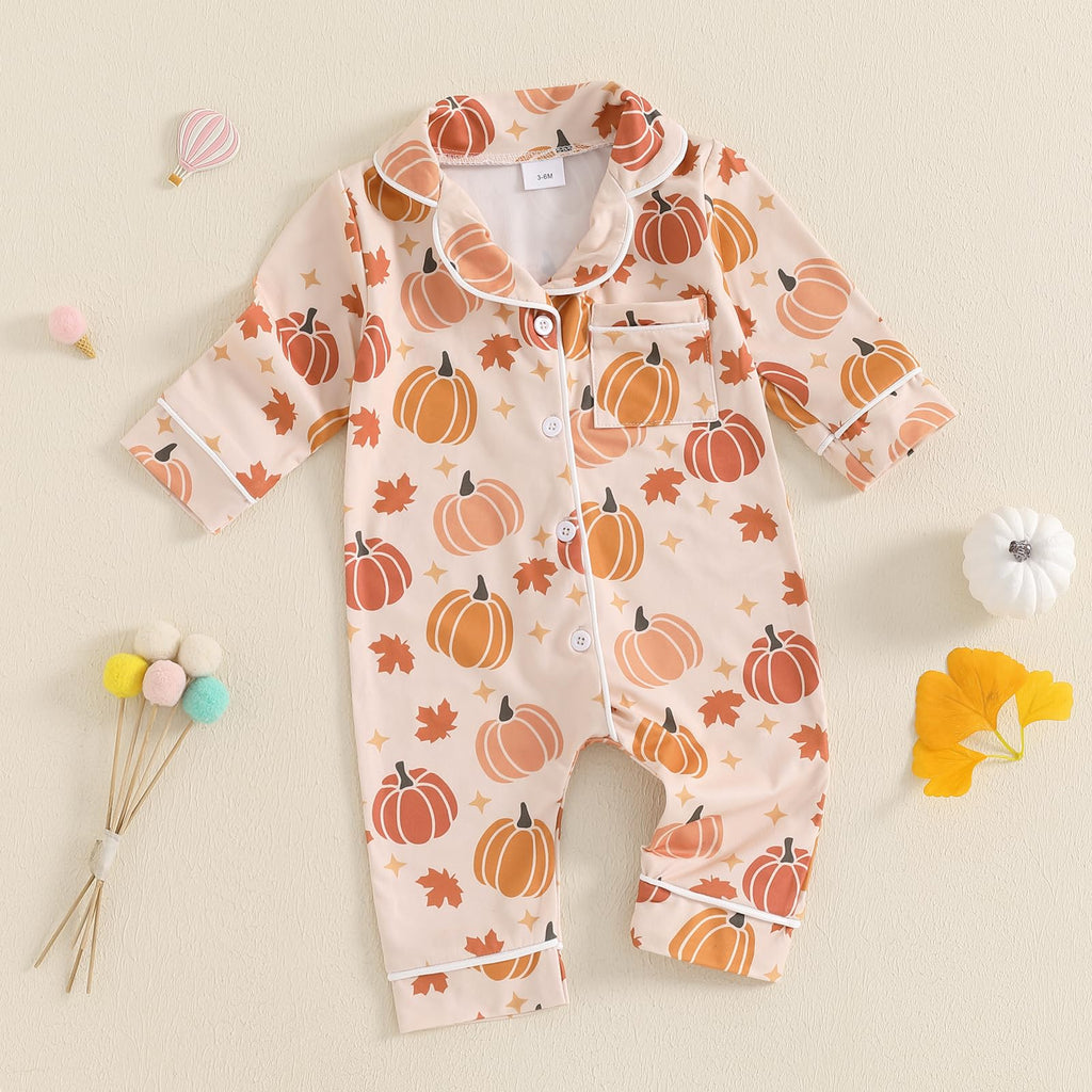 Baby Girl Button Down Pajamas Romper One-Piece Jumpsuit Long Sleeve Sleeper Infant Sleepwear (Pumpkin&Yellow, 0-3