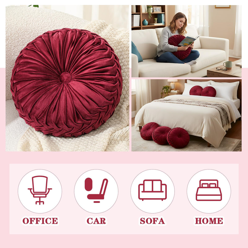 1 Pcs Round Throw Velvet Pillow Decorative Pillow (Burgundy, 15'')