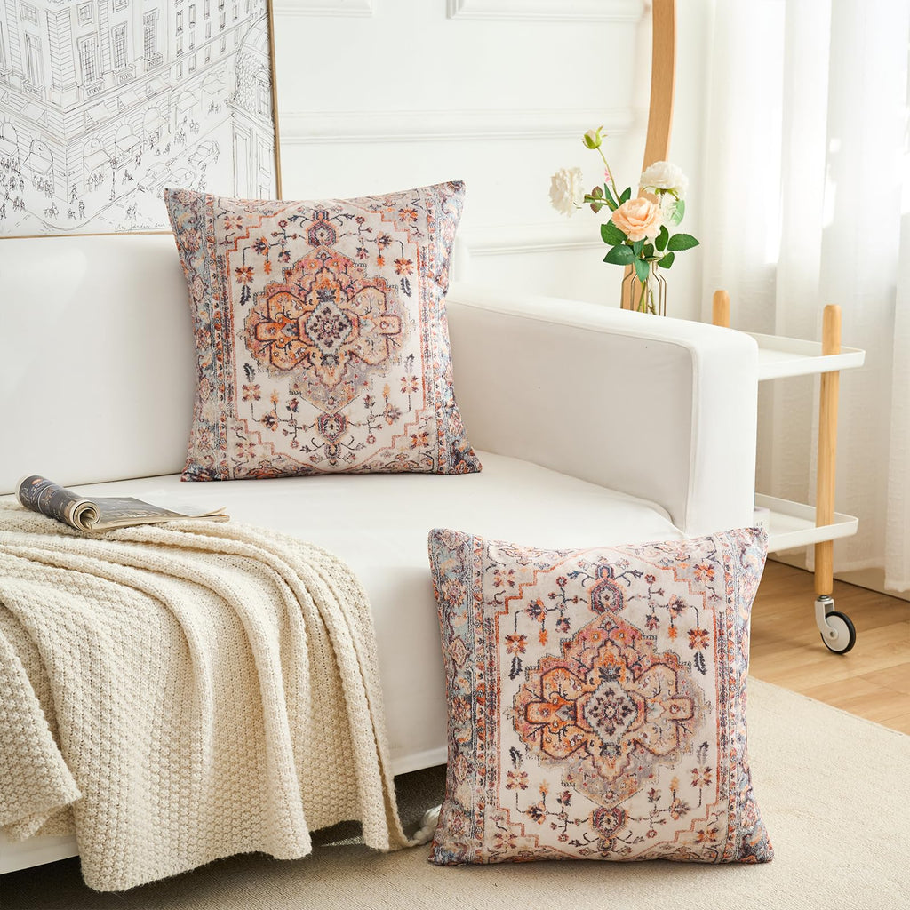 Boho Throw Pillow Covers 26x26 inch Set of 2, Boho Vintage Carpet Pattern Antique Ethnic Decor Double Sided Pattern