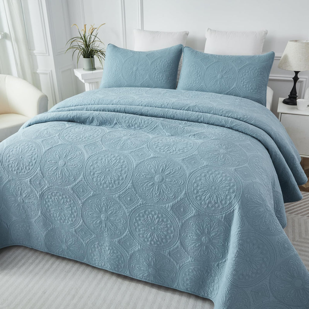 Blue Quilt Set Cotton Queen Chic Medallion Matelasse Coverlet 3PC