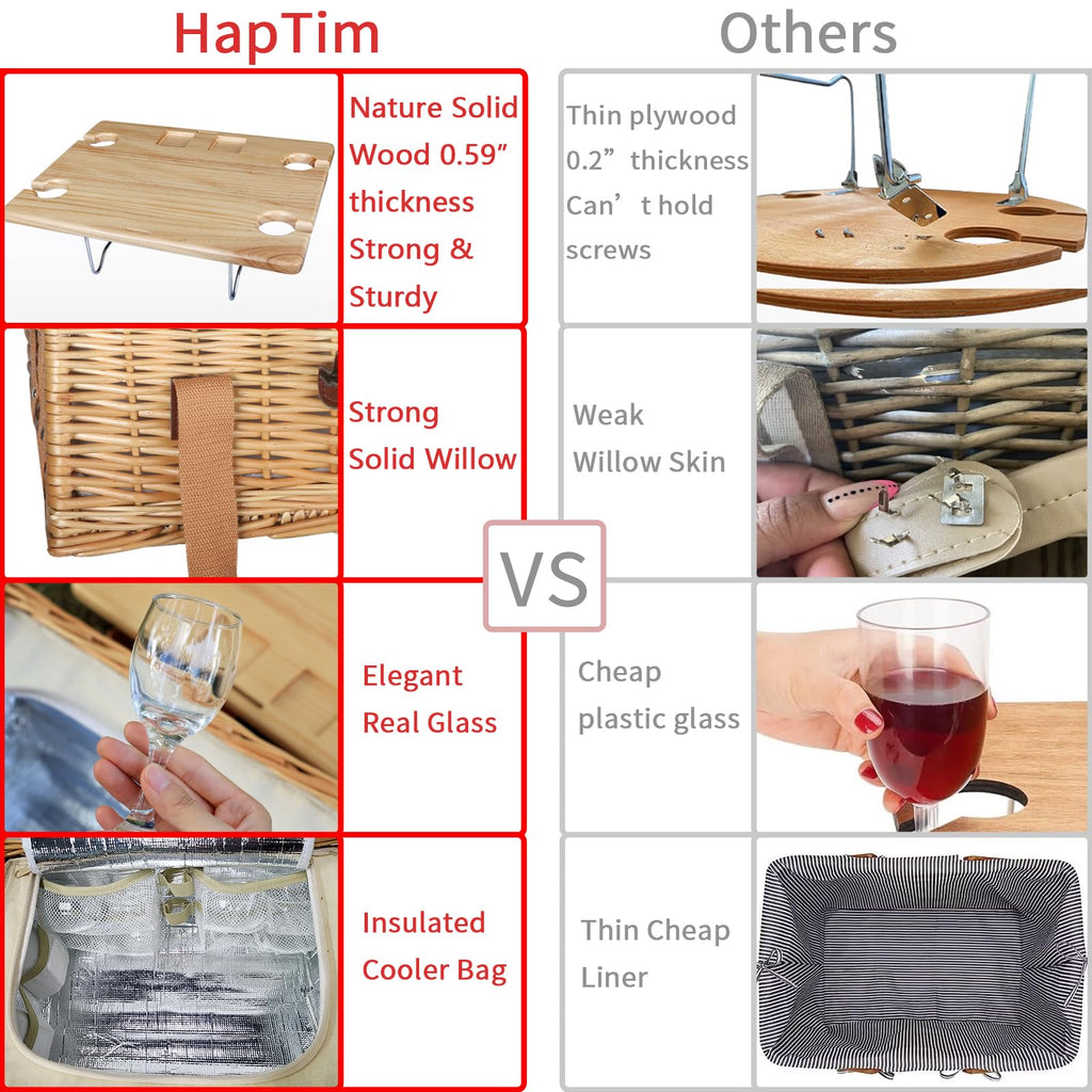 Wicker Picnic Basket for 2 with Mini Folding Wine Picnic Table & Large Insulated Cooler Bag & Cutlery Service Kits
