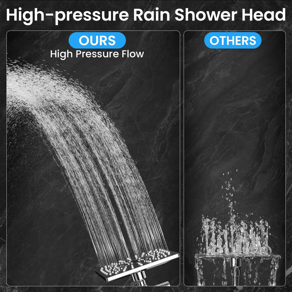 Multi-Function Rain Shower Head with Handheld, High Pressure, Square