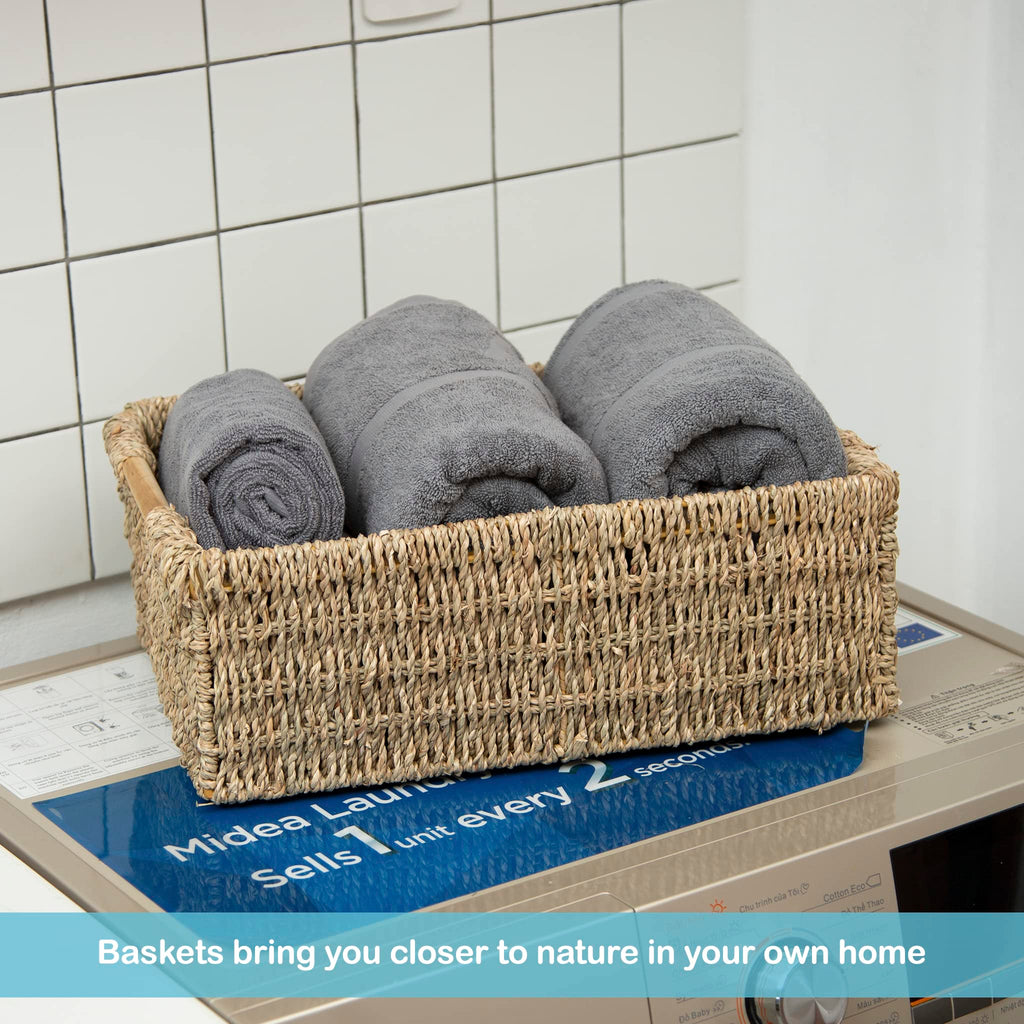 Large Natural Wicker Basket Rectangular with Wooden Handles, Seagrass Storage for Organizing, Shelves 15.5 x 10.6 x