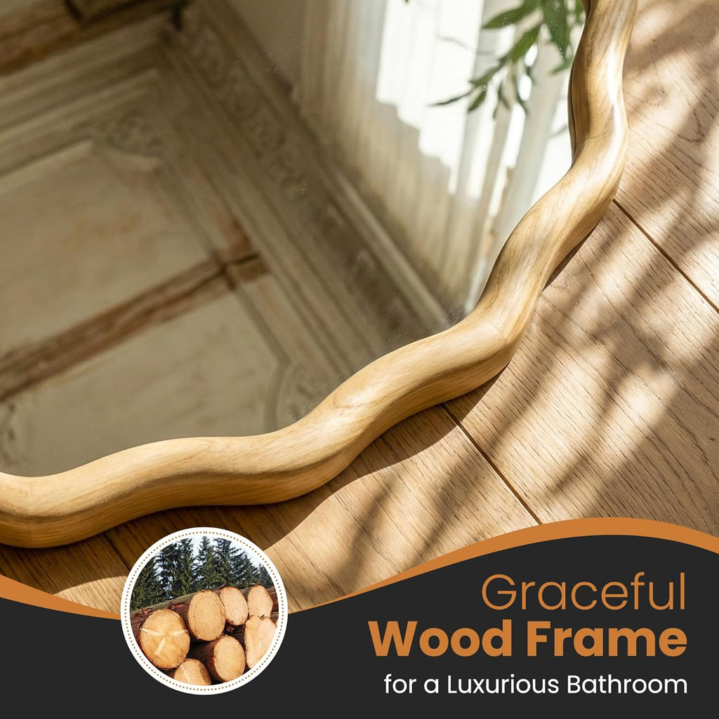 Round Wood Mirrors for Wall, 24" Boho Cirecle Wavy Mirror with Wooden Frame, Decorative Mirror with Tempered Glass