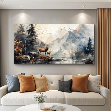 Canvas Wall Art, Mountain Forest Deer Landscape 20x40 Inches
