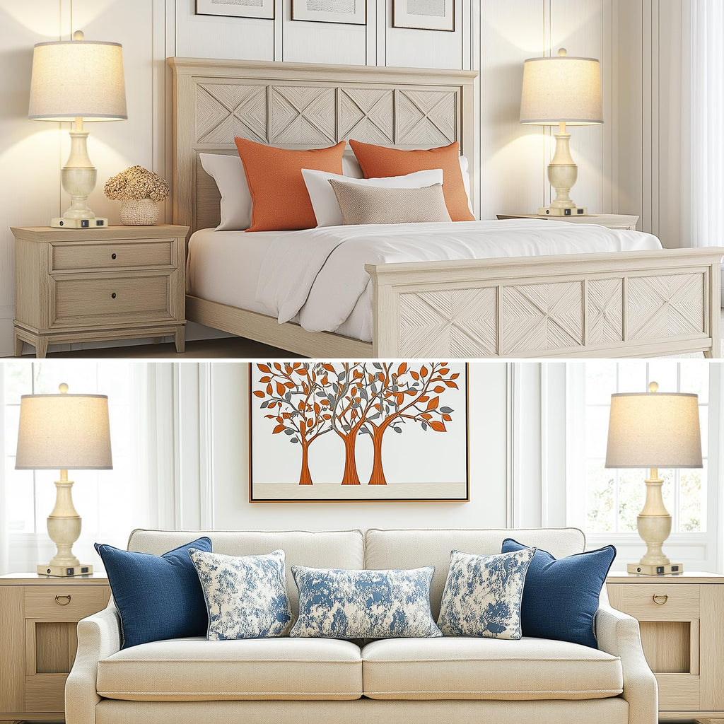 Farmhouse Vintage 3-Way Dimmable Table Lamp Set of 2 with USB A+C Charging Ports & AC Outlet, Rustic Mid Century