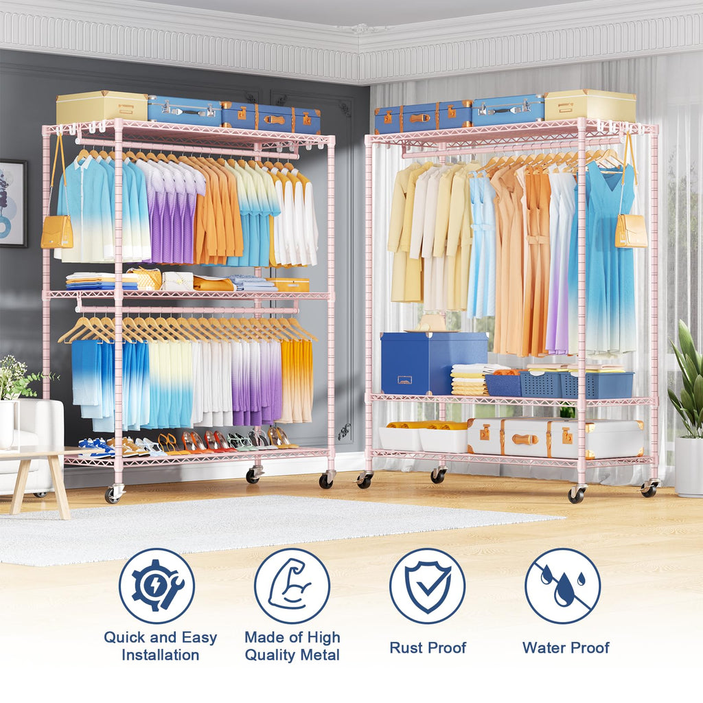 P8 Max Heavy Duty Clothes Rack(With Extended Width Design) Rolling Clothing Racks for Hanging Clothes,Portable