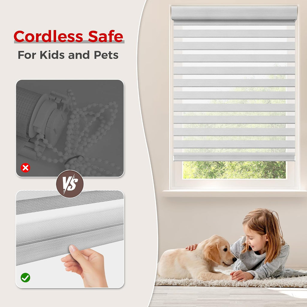 No Drill No Tools Cordless Zebra Blinds, Renter Friendly, Dual Layer Shades for Indoor Windows, Easy to Install