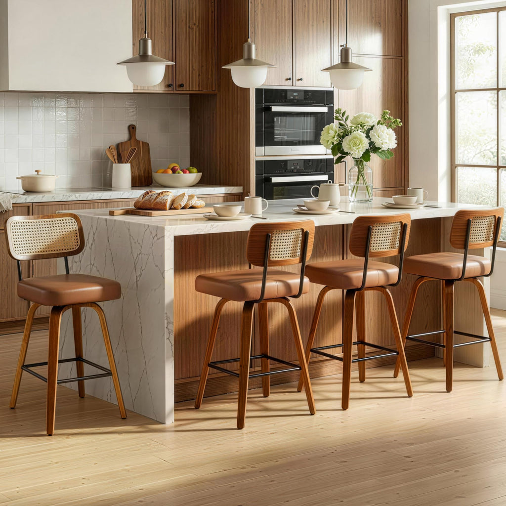 Swivel Bar Stools Set of 2, 26" Counter Height with Rattan Back, Brown
