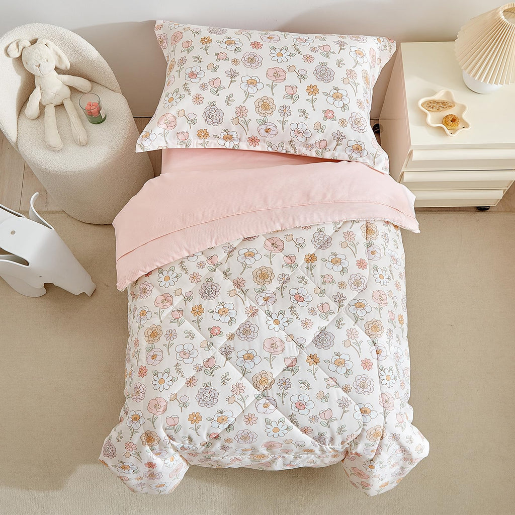 Floral 4 Piece Girls Toddler Bed Comforter Set Pink Flower Reversible Toddler Bedding Set Soft Baby Crib Bed Sheets