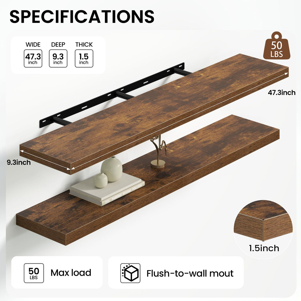 Floating Shelves for Wall 48 Inches Long, 9.3" Deep Rustic Brown Floating Shelf Set of 2, Wall Mounted Wood Shelves