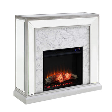 Trandling Mirrored Touch Screen Electric Fireplace with Faux Marble - Transitional Design, Grey Glass and Wood