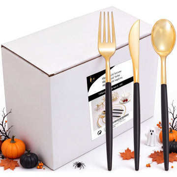 144Pcs Black Plastic Silverware Set, Gold Utensils with Black Handle