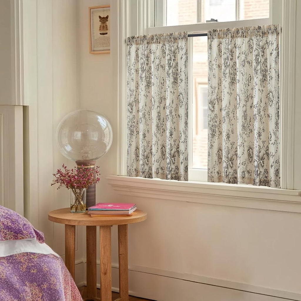 Floral Linen Tier Curtains 36 Inch Farmhouse Botanic Cafe Drapes for Small Windows Rustic Half Window Curtains for