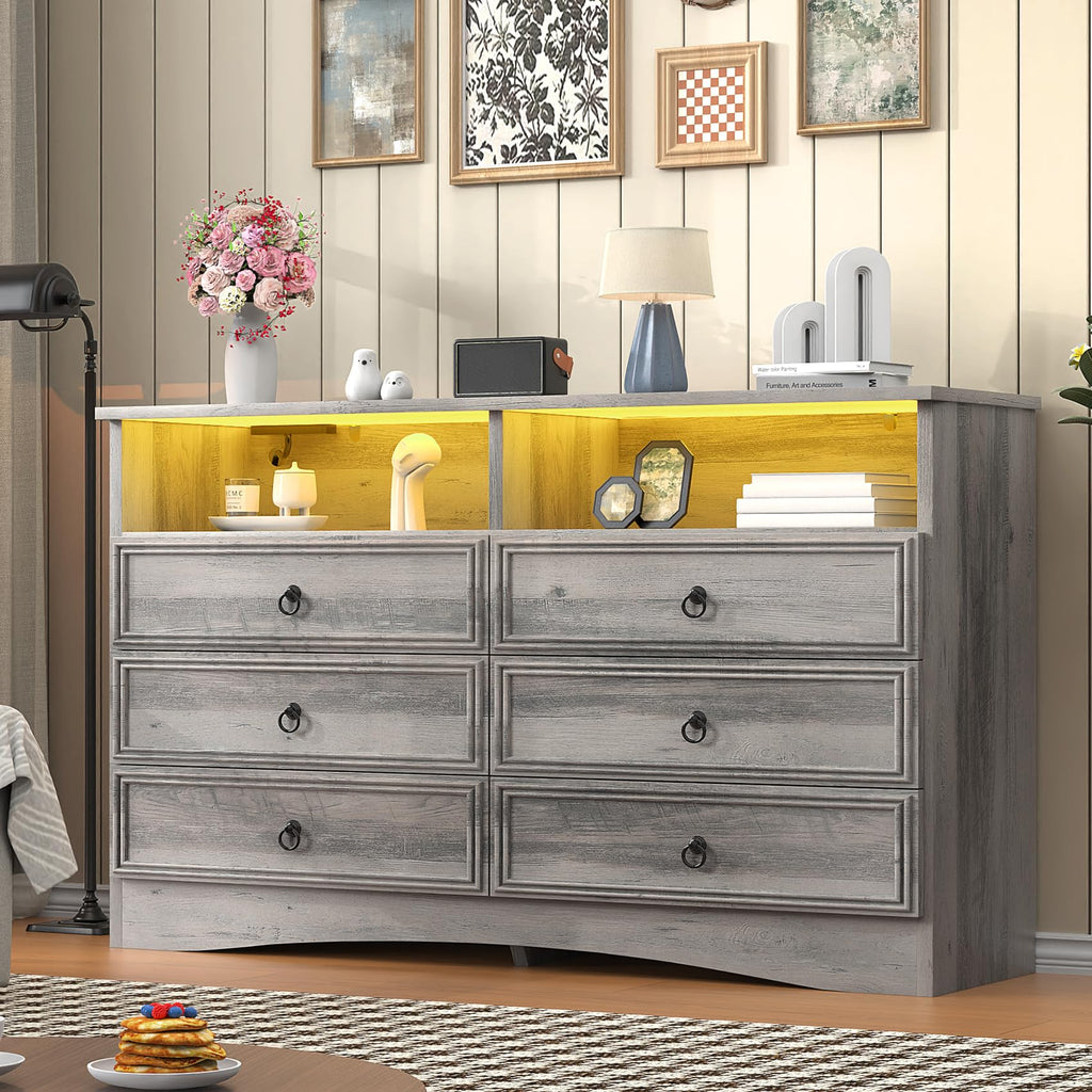 Grey 6 Drawer Dresser with LED Lights and Charging Station, Wood 6 Chest Drawers, Large Storage for Clothes, Taupe