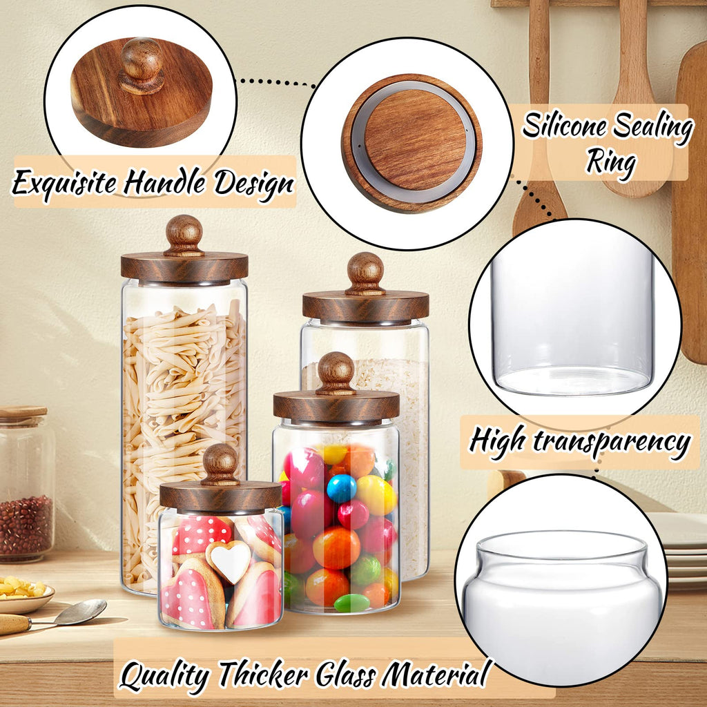 Glass Storage Jars Set of 4, Clear Containers with Wooden Lids