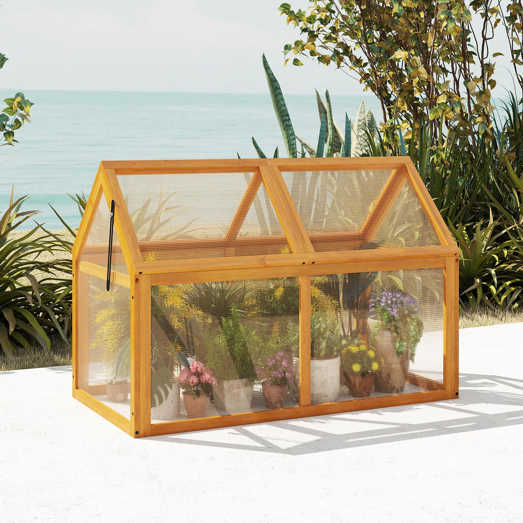 Wood Cold Frame Greenhouse, Portable Raised Flower Planter Protection with Transparent Panels & Adjustable Roof