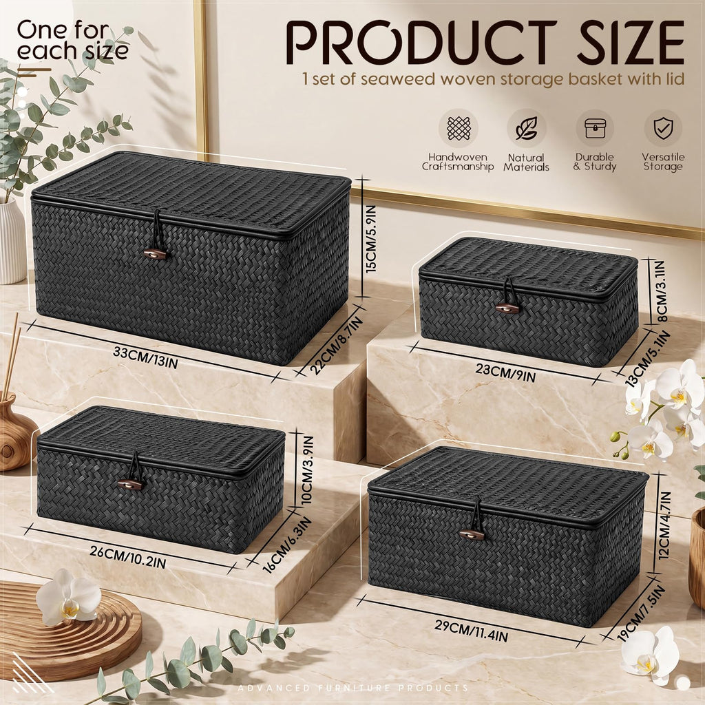4 Pcs Wicker Basket with Lids, Black, 13 x 9 x 6 Inch