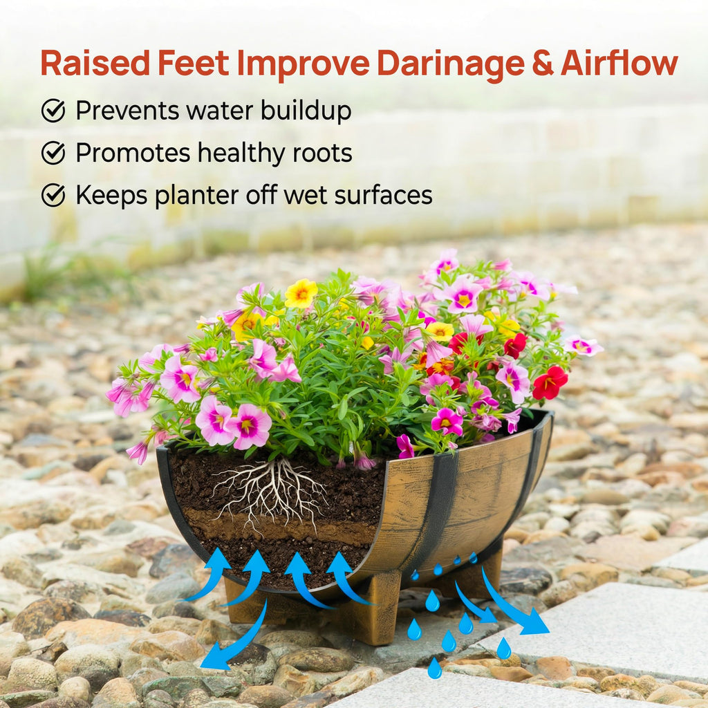 2-Piece Rectangular Half Barrel Flower Pots for Garden and Patio