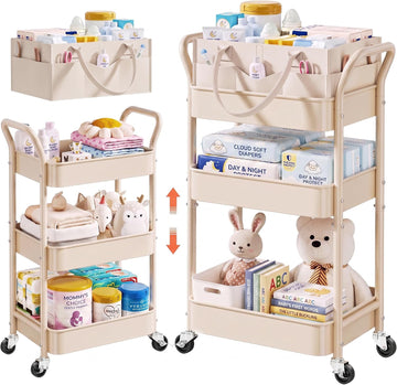 Beige 3 Tier Rolling Diaper Caddy Cart with Wheels and Detachable Dividers