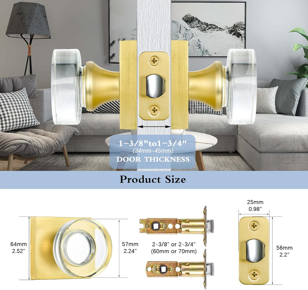 Passage Function Clear Crystal Glass Door Knobs Interior, Modern Gold Door Knob with Square Plate, Satin Brass Finish