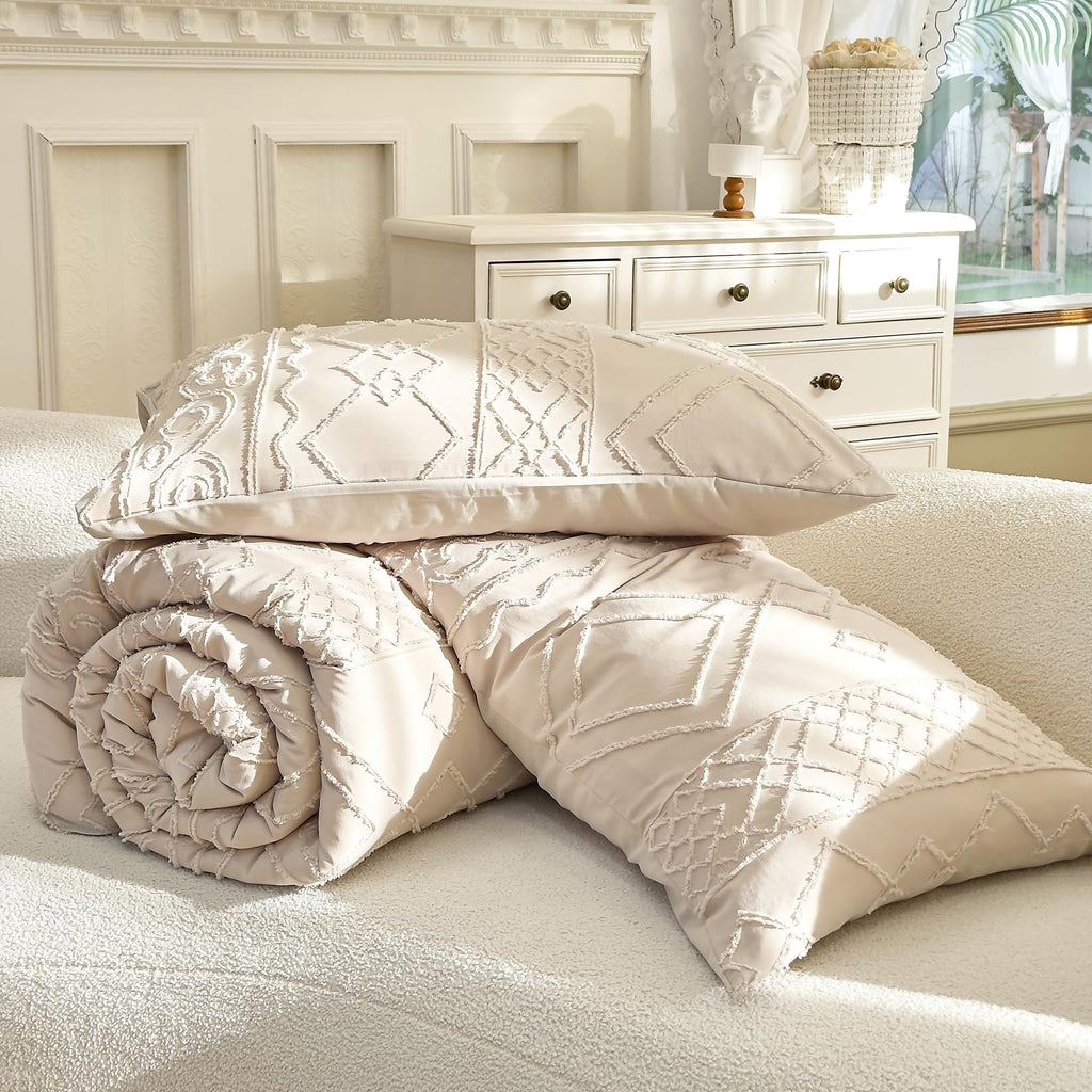 Boho King Size Comforter Set Beige Tufted Geometric All Seasons