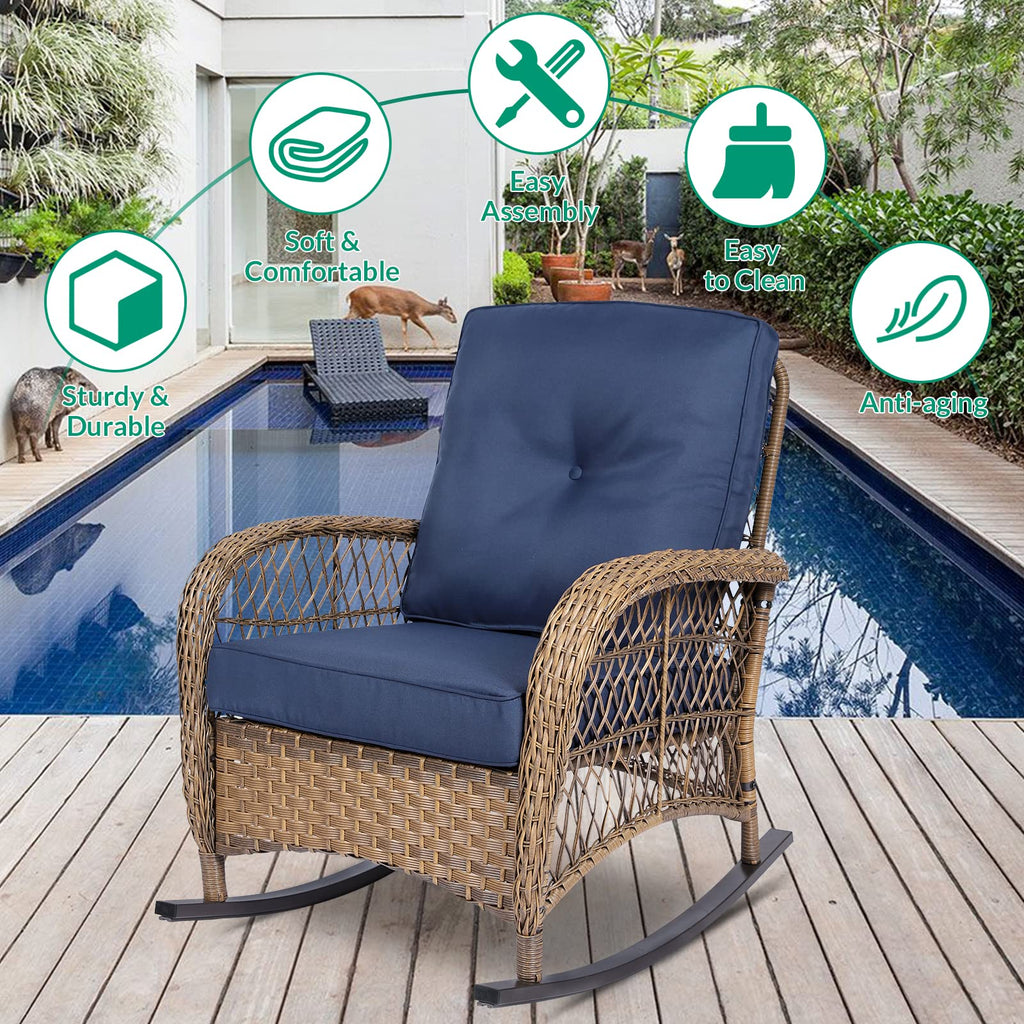 Outdoor Wicker Rocking Chair, Patio Rattan Rocker Chair with Cushions & Steel Frame, All-Weather Rocking Lawn Wicker