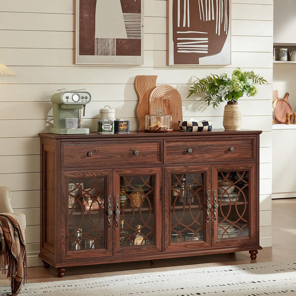 Farmhouse Sideboard Buffet Cabinet with Storage,59" Large Credenza with 4 Glass Doors & 2 Drawers,Adjustable Shelves