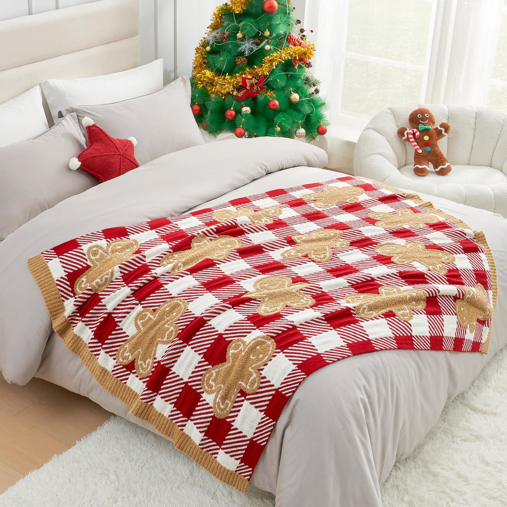 Gingerbread Man Throw Blanket Red White Plaid Checkered Blanket 50x60 inches, Ultra Soft Cozy Throw Blanket for