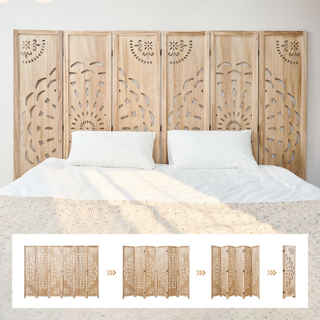 66.9Inch Wooden Room Partition - 6 Panels Boho-Styled Space Room Divider /Office, Headboard & Yoga/Photo/Video Call