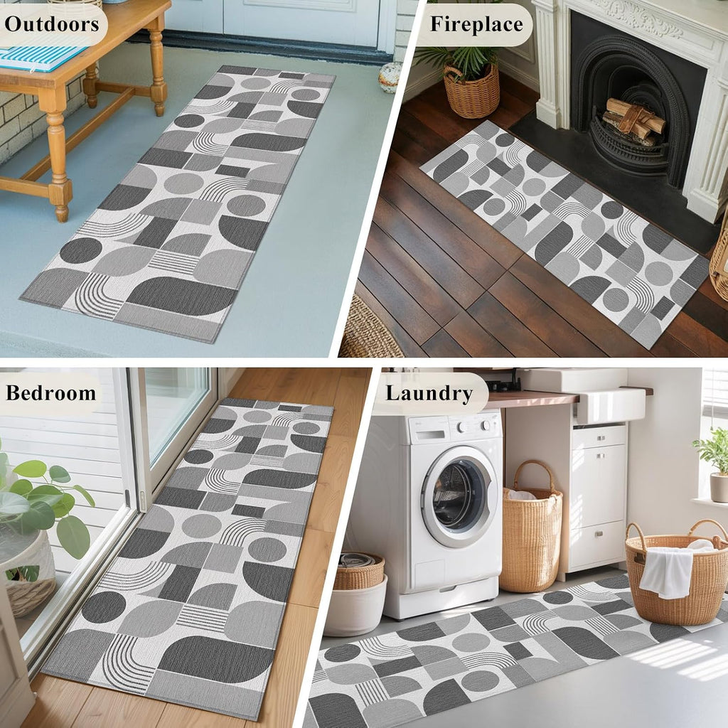 Grey Grid Blocks Runner Rug Non Slip 2x6 Boho Modern Abstract Art Geometric Minimalist Arch Lines Washable Rug Runner