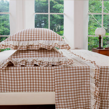 100% Washed Cotton Sheet Set, Taupe Gingham Ruffle, 4 Pieces