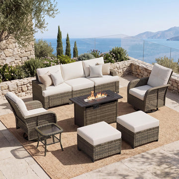 Luxury 9 Piece Patio Furniture Set with Fire Pit Table, Beige