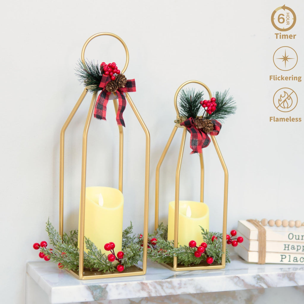 Modern Farmhouse Lantern Decor, 15'' 12.6'' Set of 2 Gold Metal Lanterns, 2 LED 6hr Timer Flameless Candles & Remote