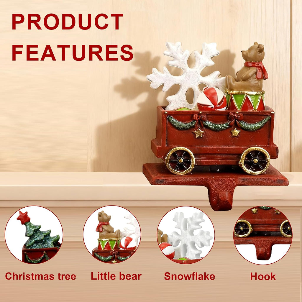 Christmas Train Stocking Holders for Mantle with Hook Set of 3, Red Cast Iron Weighted Stocking Hooks,Heavy Duty