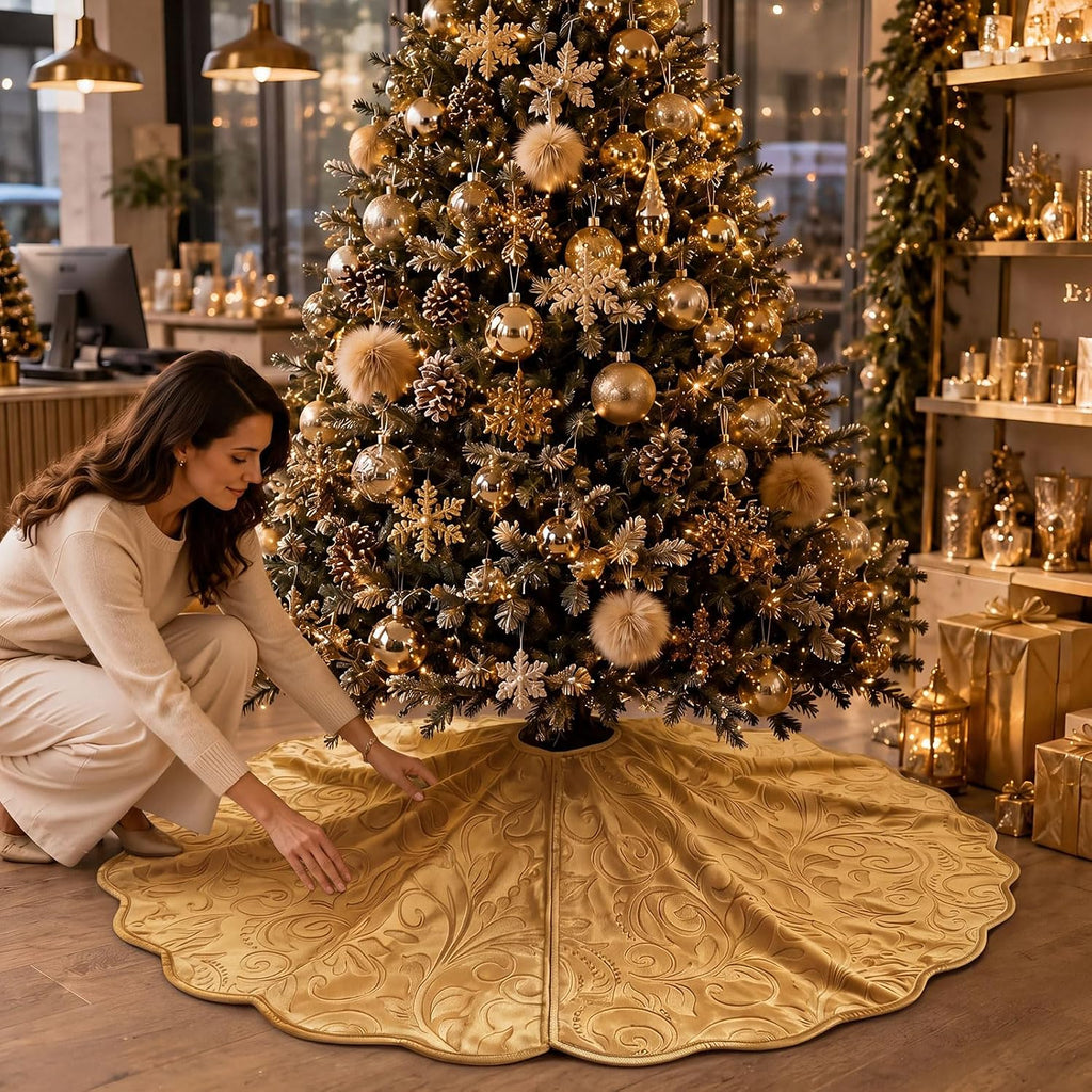 Velvet Christmas Tree Skirt Decor, 60 Inches, Scalloped Edge, Gold