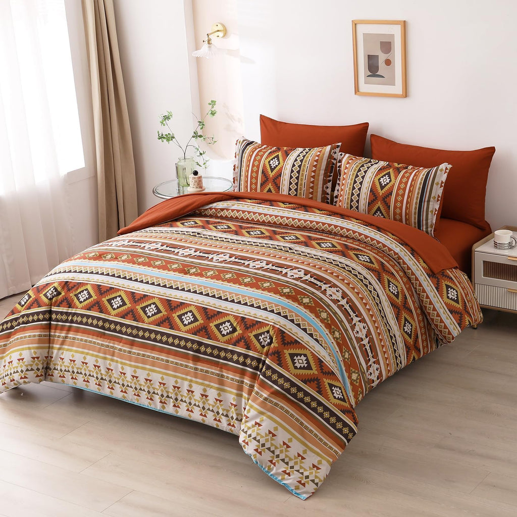 Burnt Orange/Terracotta Comforter Set King, Lightweight Boho Bed in A Bag King Size 7 Piece Aztec Fall Bedding Set