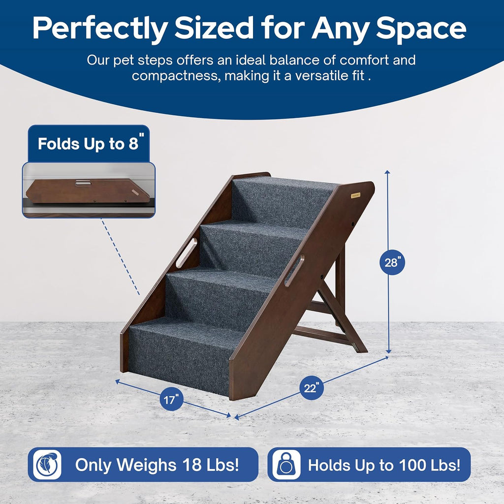 Wooden Pet Steps with 3 Adjustable Heights - No Assembly Foldable Pet Stairs for High Beds with Solid Hardwood