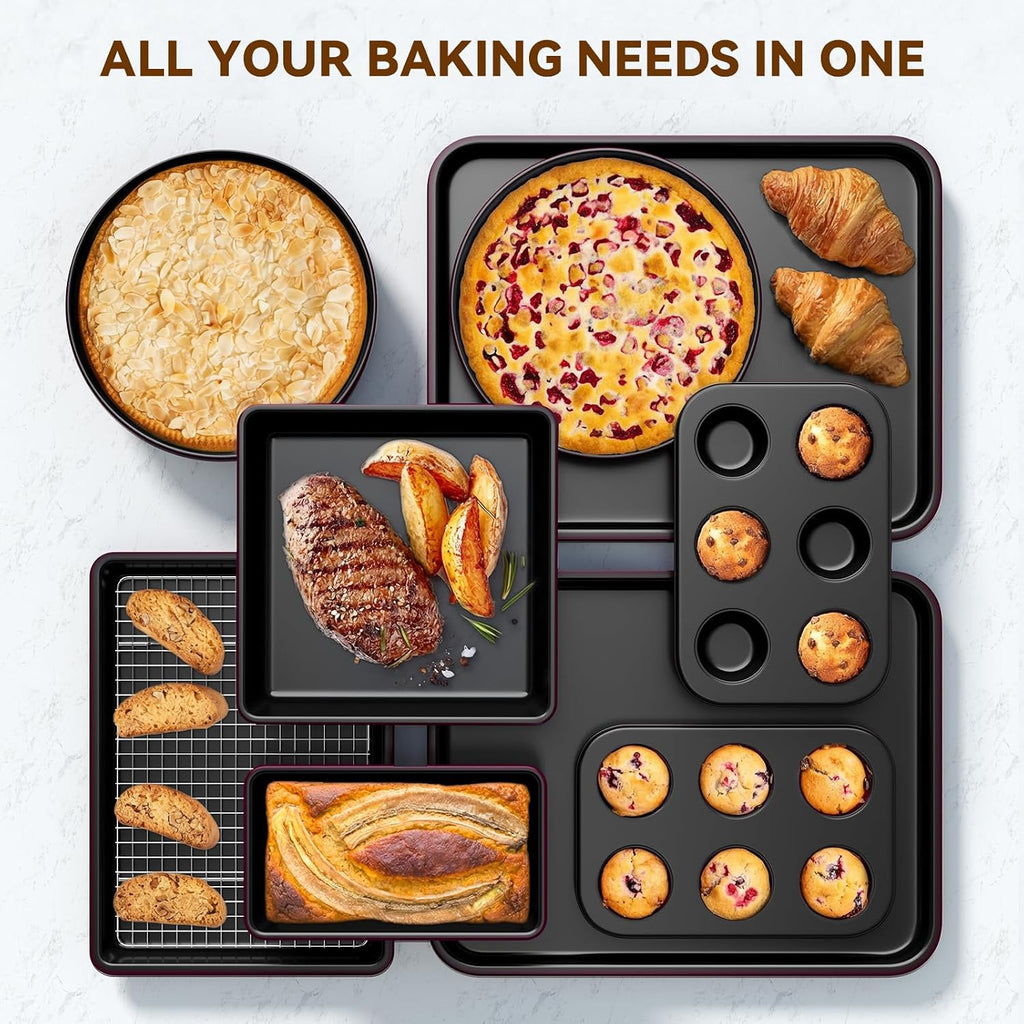 13-Piece Pans Set, Nonstick Bakeware Sets, Plum | Includes Cookie Sheet with Rack, Cake Pan, Loaf Pan, Roasting Pan