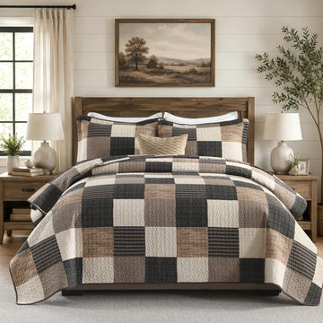 100% Cotton Quilt Set, Farmhouse Plaid Rustic Bedspread