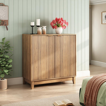 Fluted Accent Cabinet with Doors and Shelves Modern Wood Storage Cabinet Living Room Mid-Century Sideboard Credenza