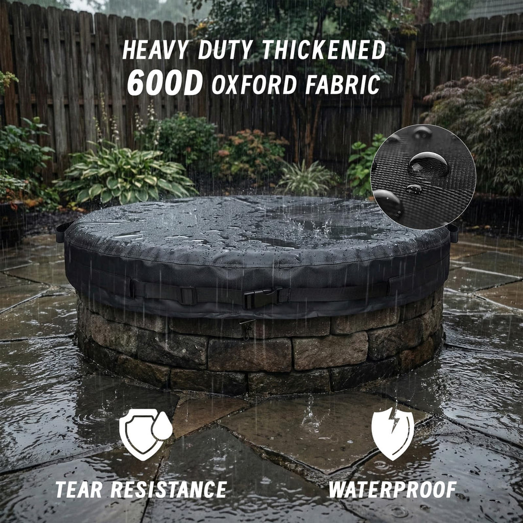 Outdoor Fire Pit Cover Round for In-Ground Fire Pits 61-66 Inch, 600D Oxford Waterproof Weather-Resistant Firepit