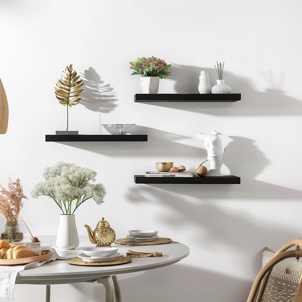 Wood Floating Shelves for Wall, Wooden Wall Shelves, Set of 6 Black 17 Inch